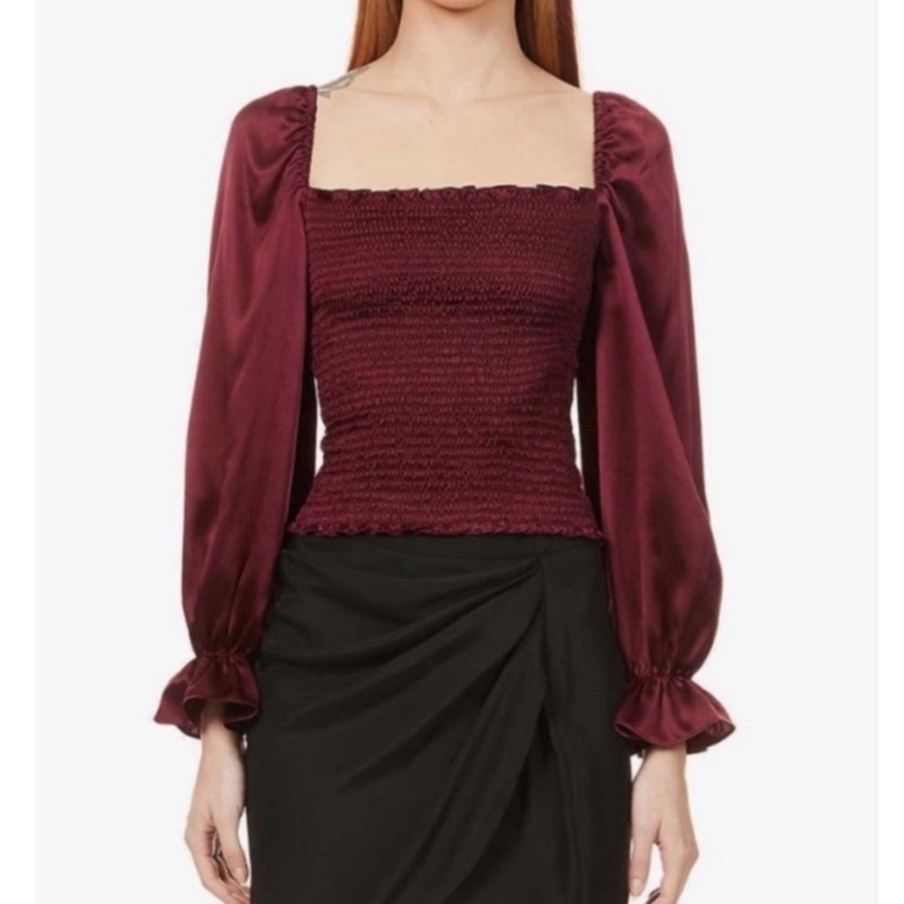 Reformation Silk Chamomile Plum Burgundy Smocked blouse long sleeve square neck